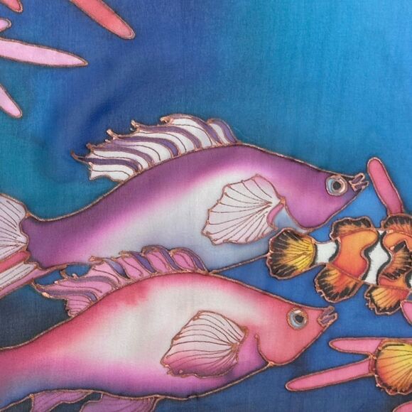 Silk chiffon Lee Caldwell tropical ocean fish hand painted scarf 29” square - Picture 4 of 14